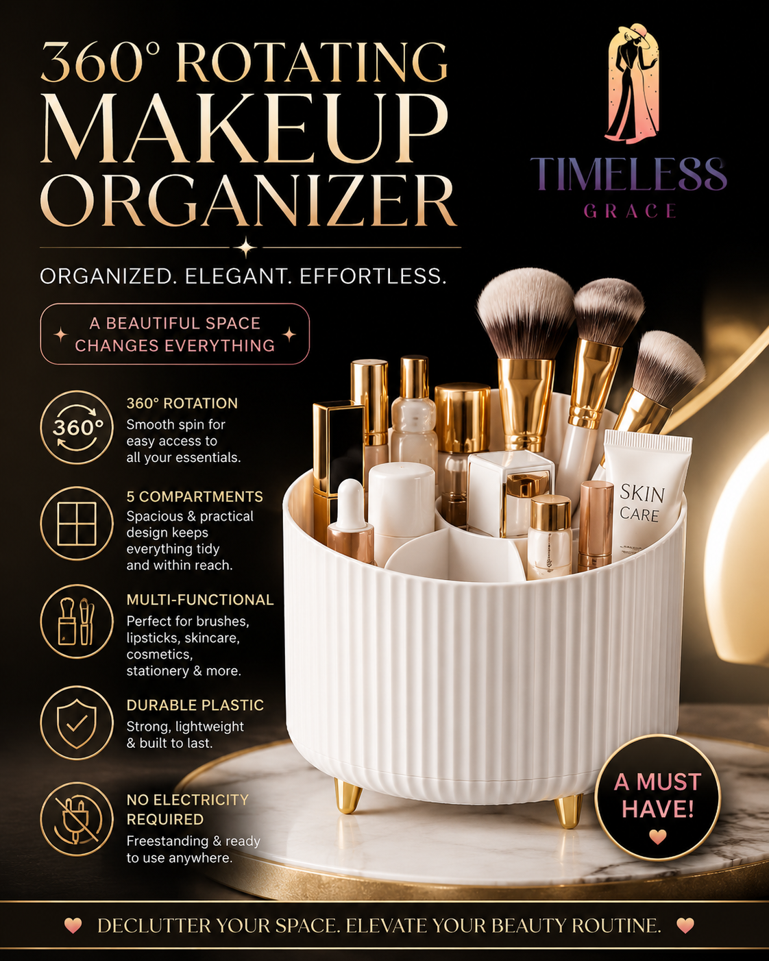 360° Rotating Makeup Organiser with 5 Compartments – Vanity & Desk Organiser