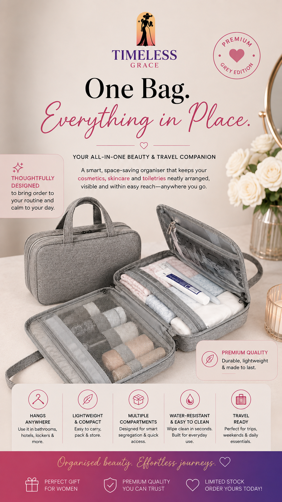Timeless Grace™ Hanging Cosmetic Travel Bag – Women's Toiletry & Makeup Organiser