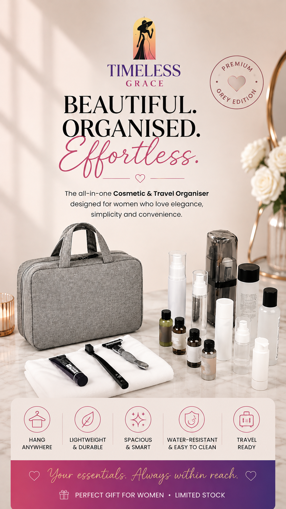 Timeless Grace™ Hanging Cosmetic Travel Bag – Women's Toiletry & Makeup Organiser