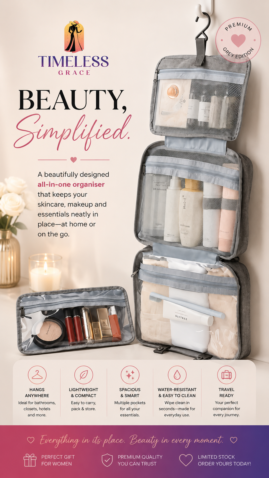 A Timeless Grace all-in-one beauty bag organizer shown hanging on a wall and laid out in multiple compartments, filled with skincare bottles, jars, and makeup items. The image includes promotional text, icons, and a purple footer on a light beige background.