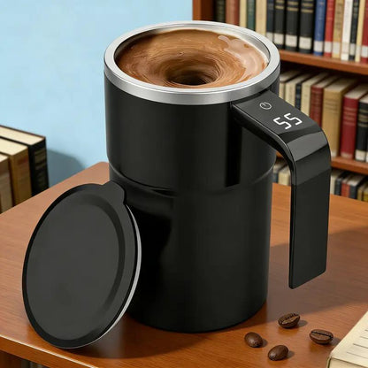 TimelessGrace™ Self-Stirring Mug - Black with temperature display showing 55°C