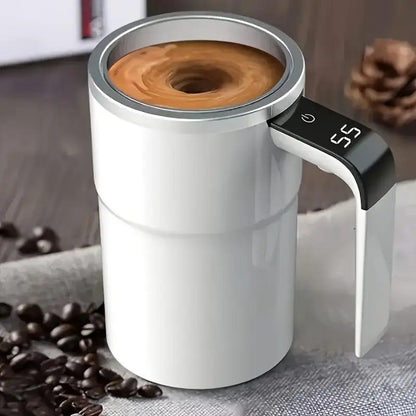 TimelessGrace™ Self-Stirring Mug - White with temperature display showing 55°C