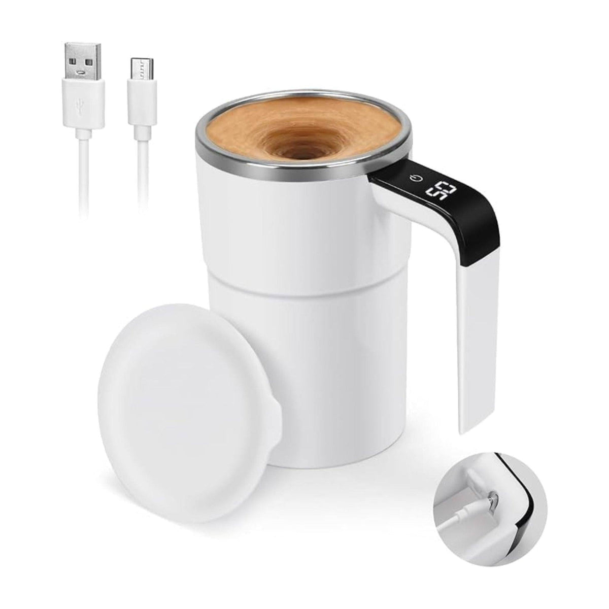 TimelessGrace™ what's in the box - mug, lid, USB-C charging cable and magnetic stirring capsule