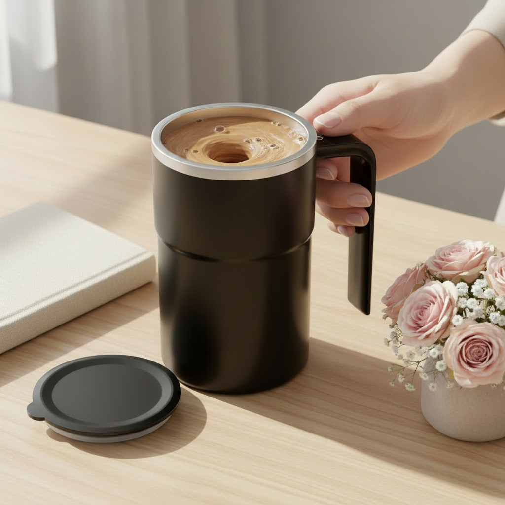 Black self-stirring mug with an extended handle