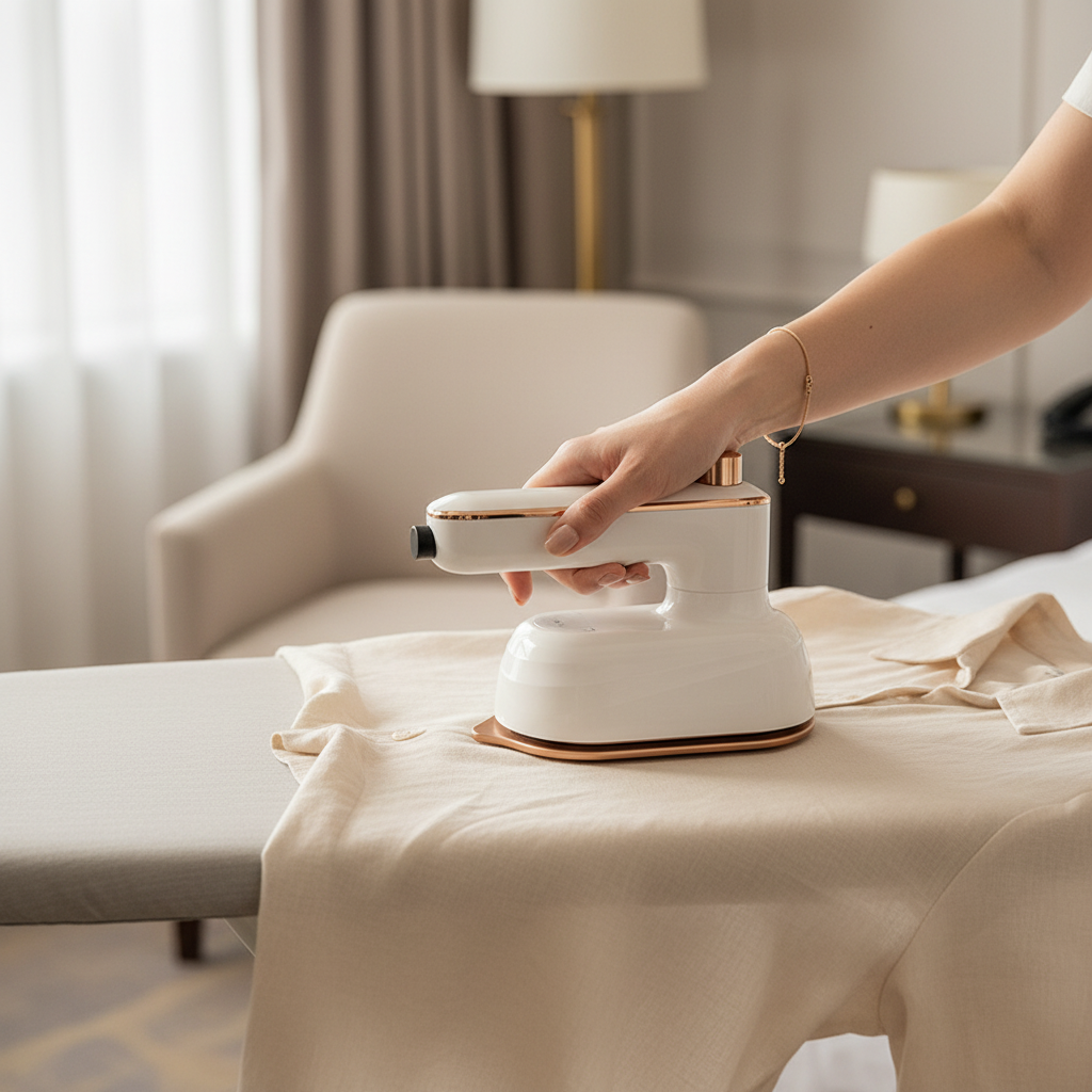 Woman using a compact white travel iron on a cream linen blouse