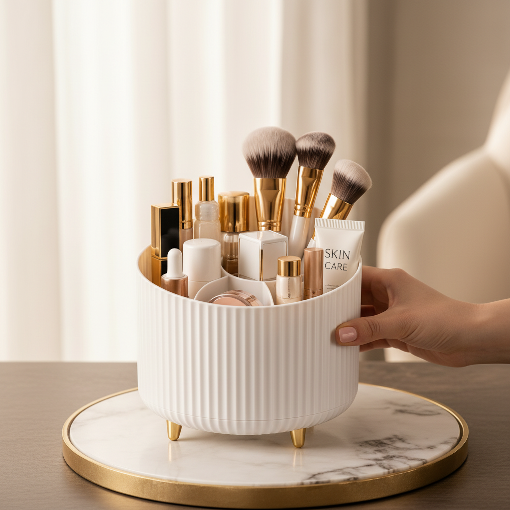 Woman rotating a white five-compartment makeup organiser filled with beauty products on a vanity